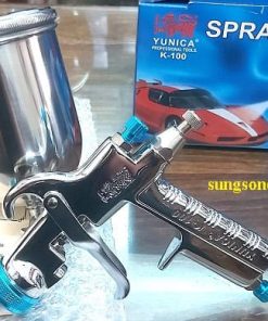 Mã sản phẩm: K-100 Tên sản phẩm: Súng phun sơn K-100 Hãng sản xuất: Yunica Đài Loan Kim béc: 1.1 mm, 1.3mm, 1.5mm,…. Cốc đựng sơn: 400ml, bên hông, thường gọi là cốc trên