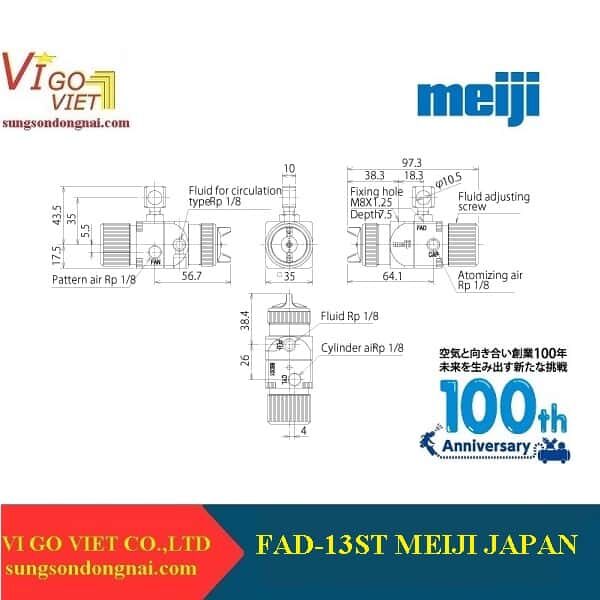 Cấu tạo và cách lắp đặt Súng phun sơn tự động FAD-13ST Meiji JapanNhat-Ban-1.3mm